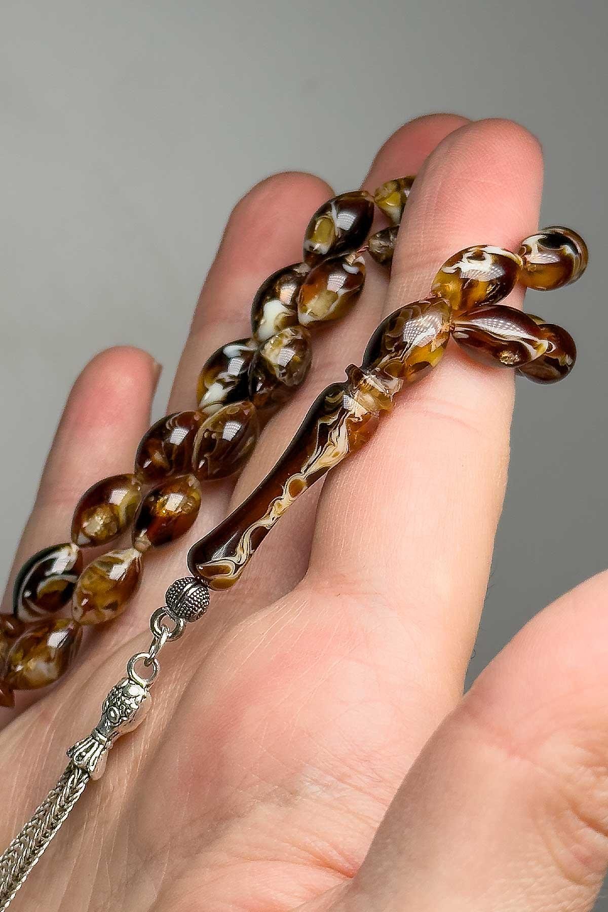 Çift Püsküllü Ebruli Kahverengi Toz Kehribar Tesbih