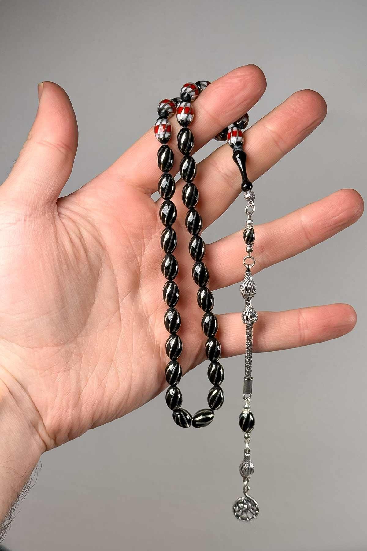 Mavi Detaylı Full Gümüş Çalışma Sıkma Kehribar Tesbih