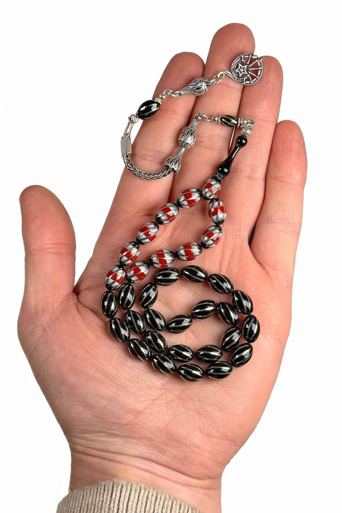 Mavi Detaylı Full Gümüş Çalışma Sıkma Kehribar Tesbih