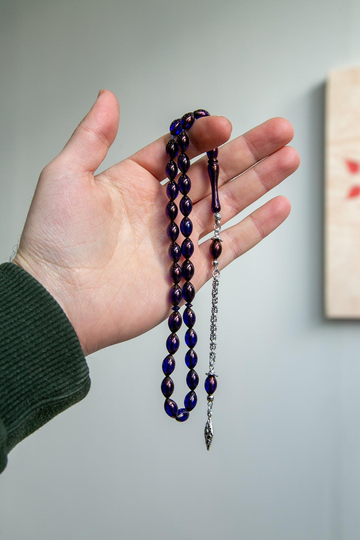 Gece Mavisi İnce Zarif Yapılı Toz Kehribar Tesbih