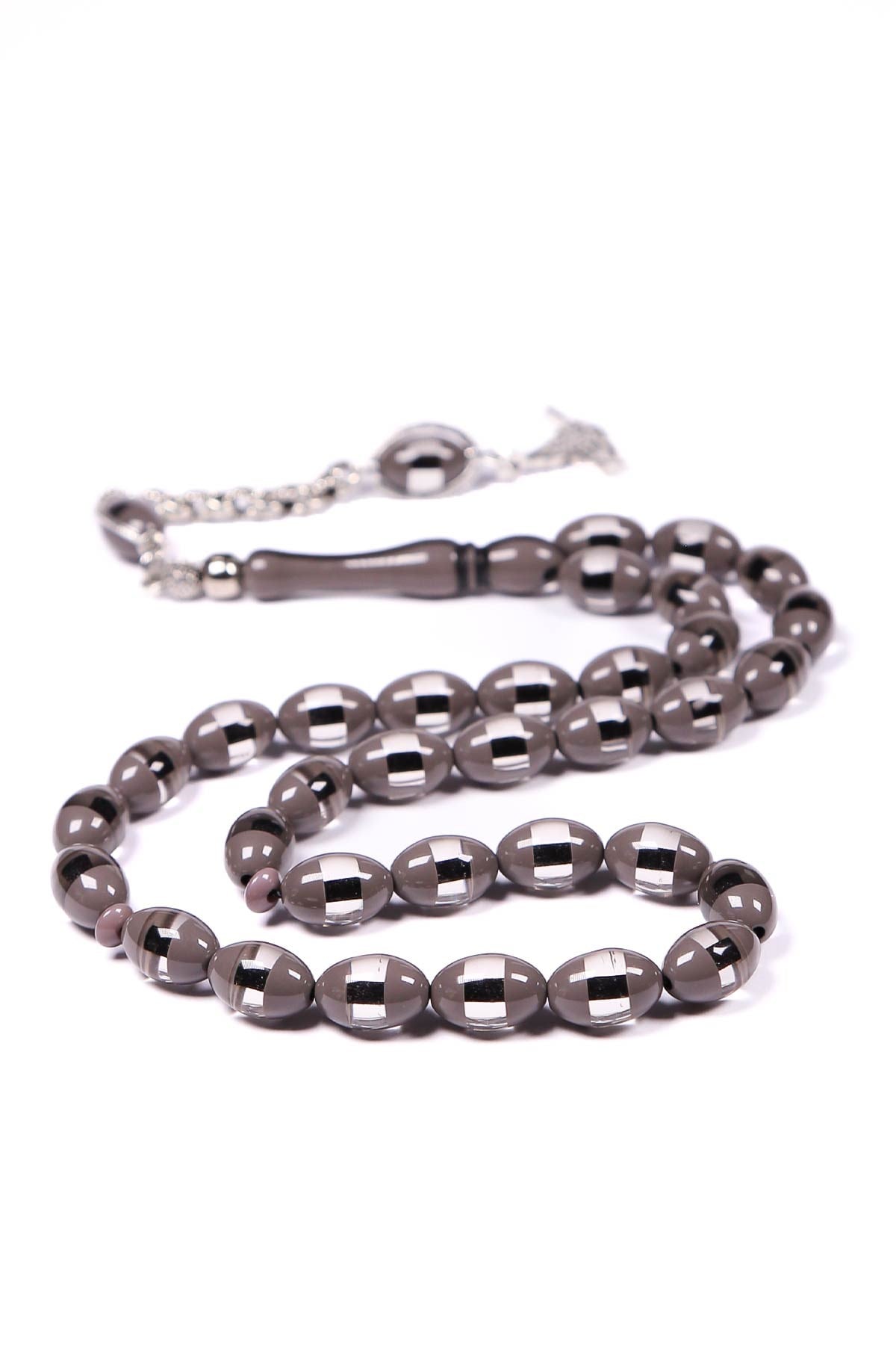 Gri Sürmeli Toz Kehribar Tesbih 12x8 mm
