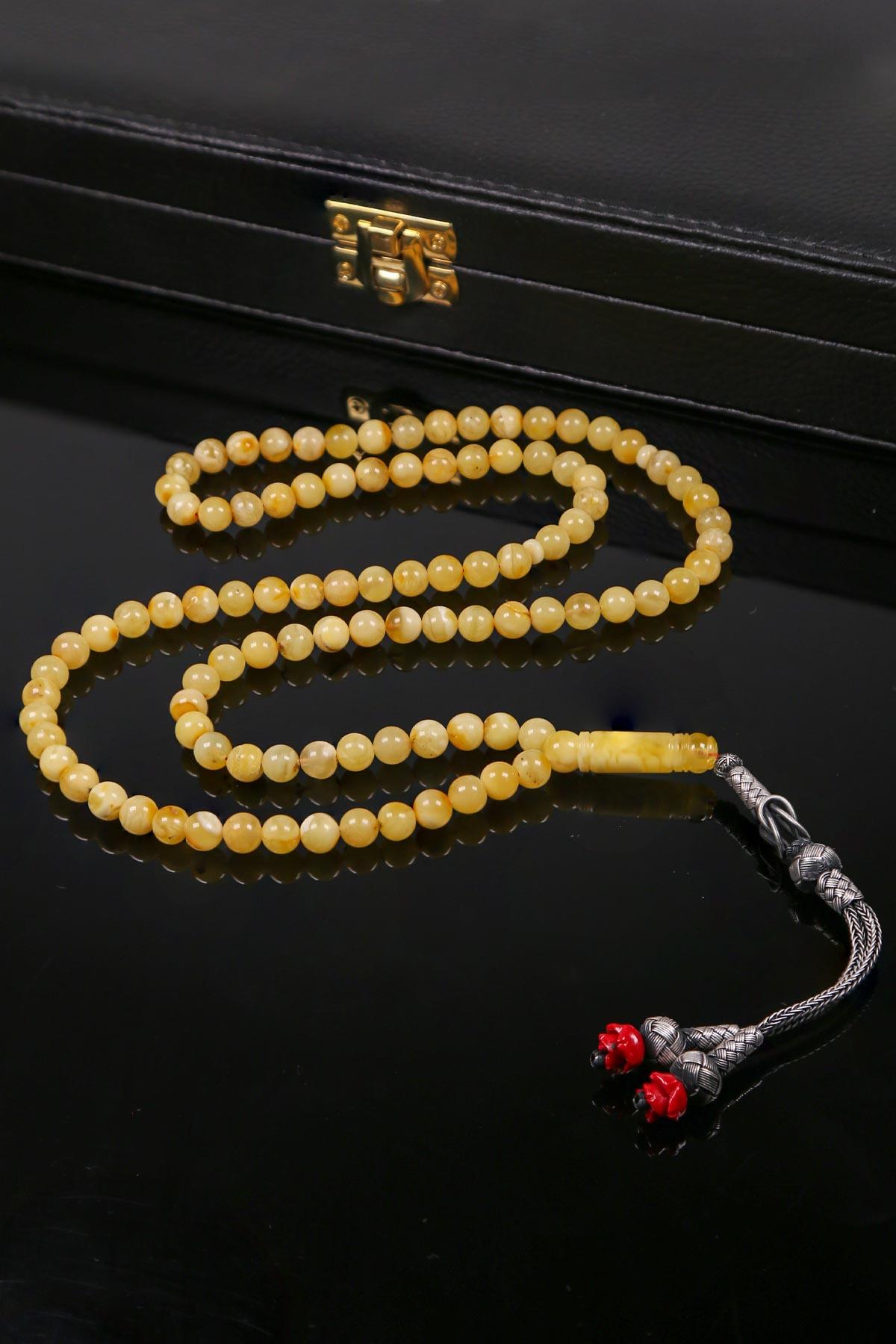 Gül Detaylı Gümüş Kazazlı 99luk Kaya Damla Kehribar Tesbih