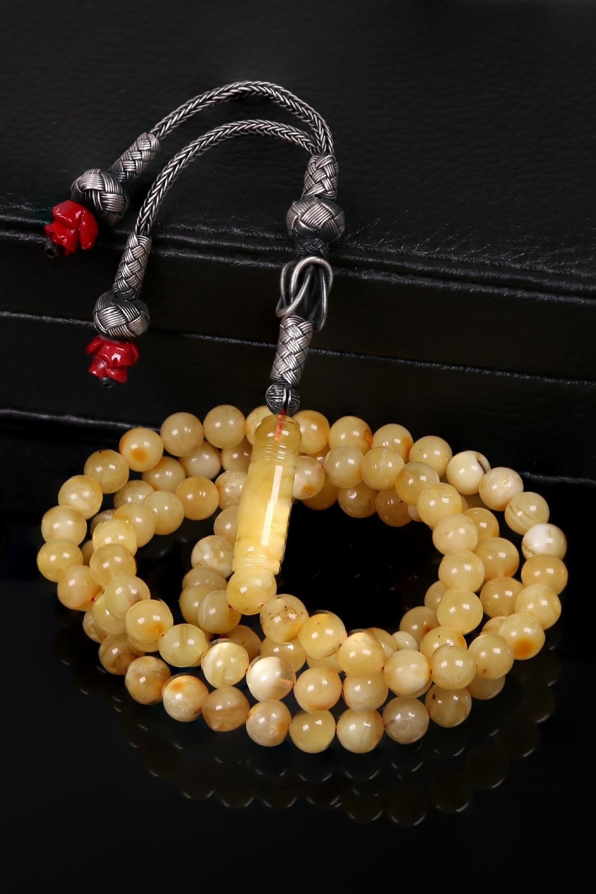 Gül Detaylı Gümüş Kazazlı 99luk Kaya Damla Kehribar Tesbih