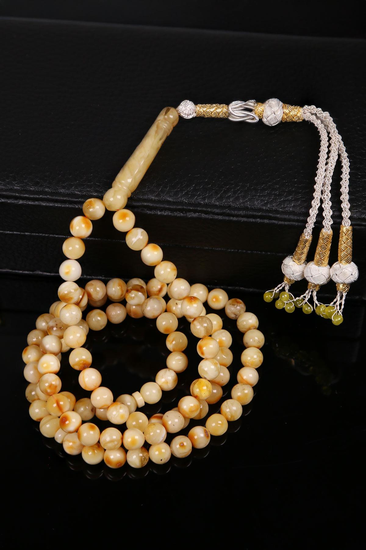 Gümüş Kazaz Püsküllü 99luk Kaya Damla Kehribar Tesbih