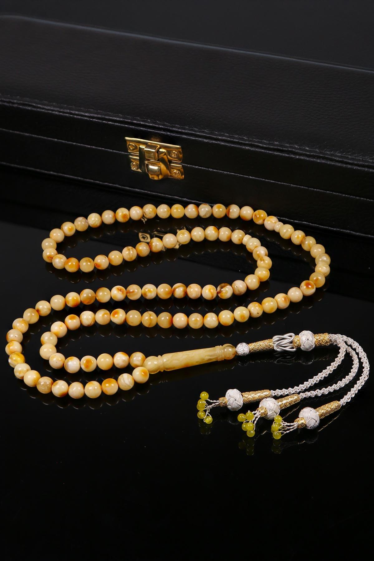 Gümüş Kazaz Püsküllü 99luk Kaya Damla Kehribar Tesbih