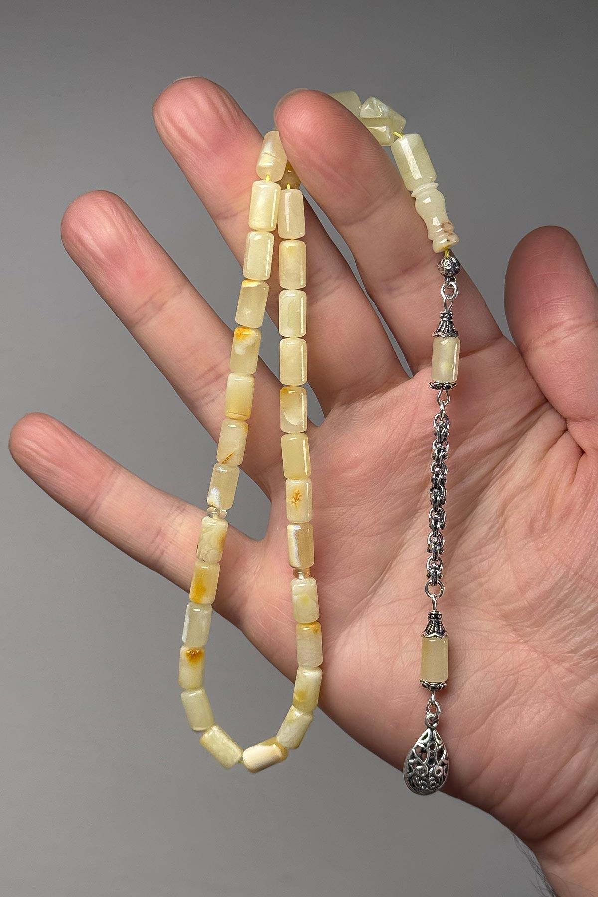 Gümüş Püsküllü Kapsül Limon Damla Kehribar Tesbih