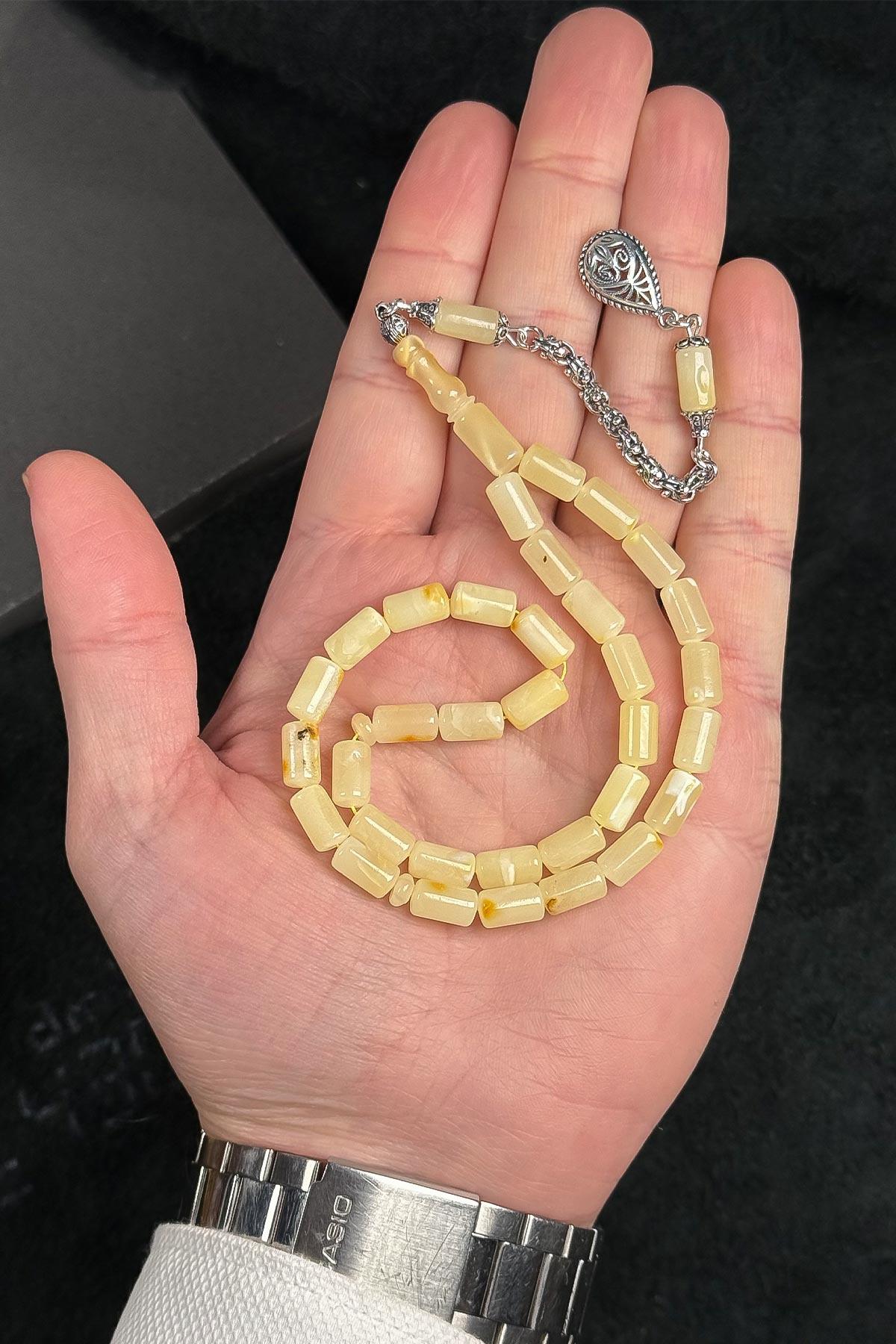 Gümüş Püsküllü Kapsül Limon Damla Kehribar Tesbih