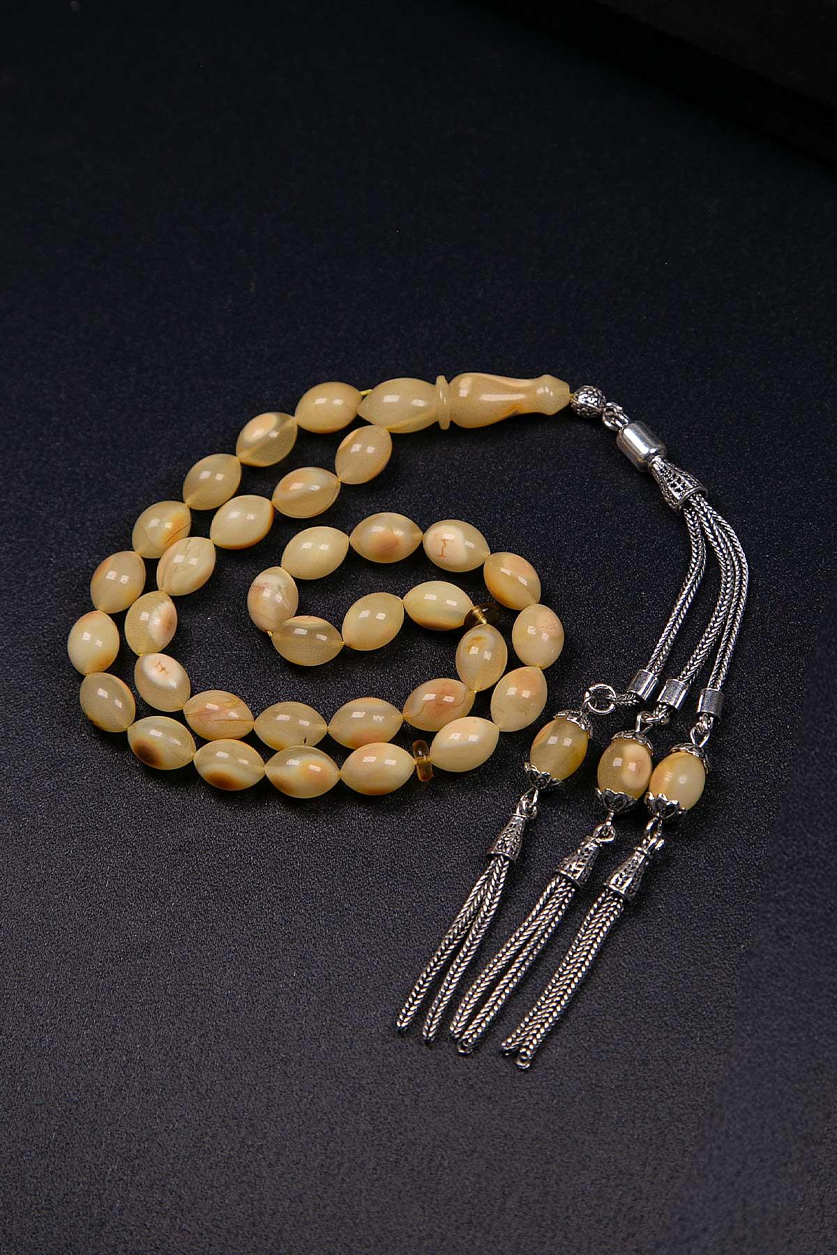 Gümüş Püsküllü Arpa Model Kaya Damla Kehribar Tesbih