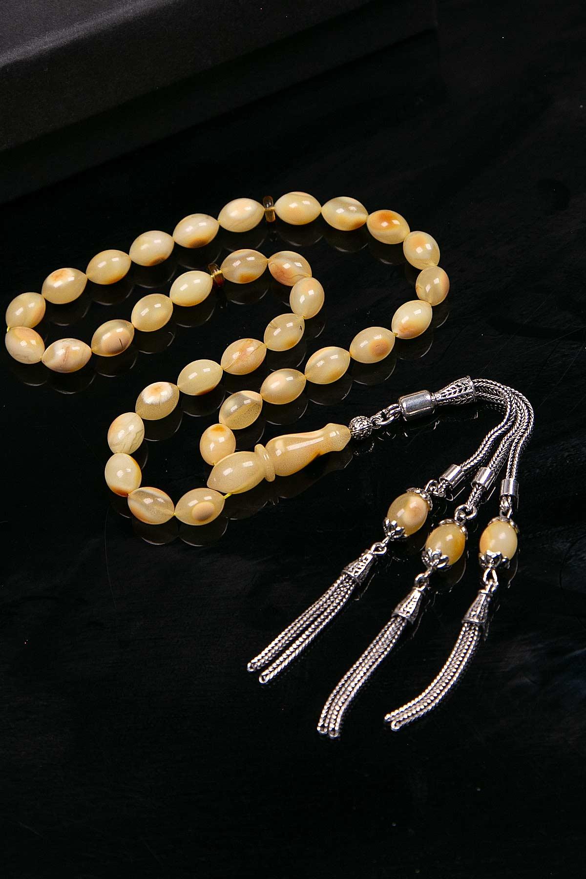 Gümüş Püsküllü Arpa Model Kaya Damla Kehribar Tesbih