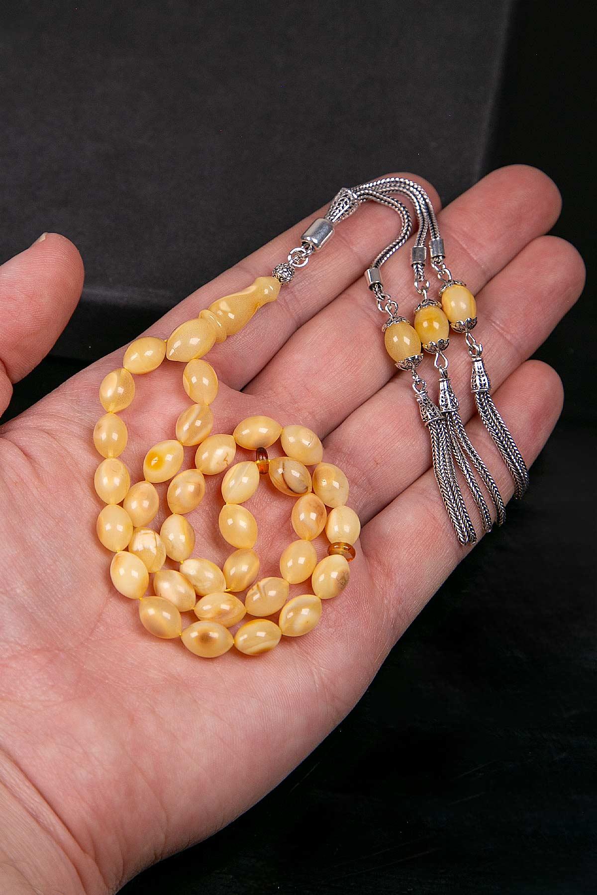 Gümüş Püsküllü Arpa Model Kaya Damla Kehribar Tesbih