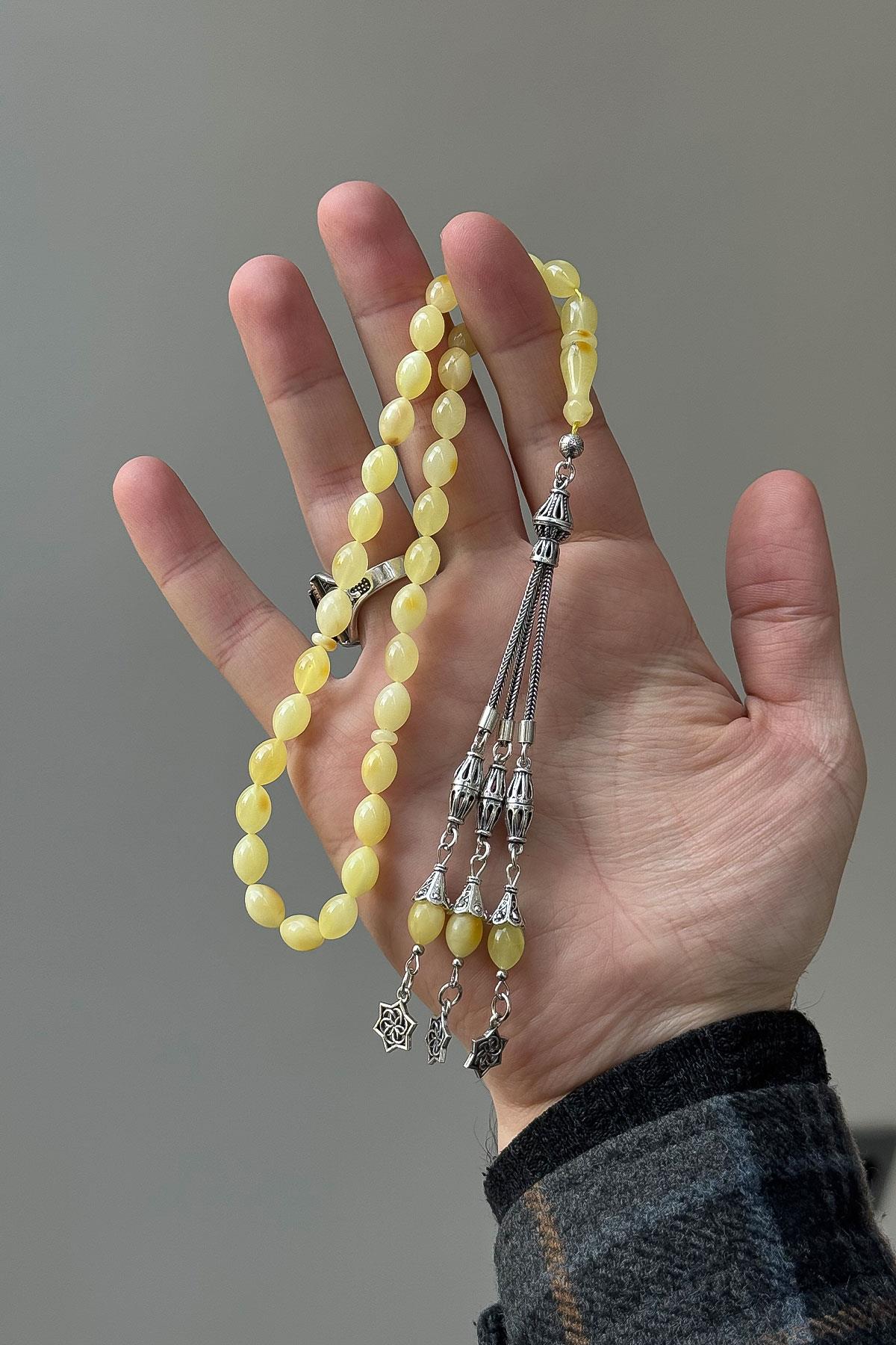 Gümüş Püsküllü Arpa Tane Damla Kehribar Tesbih