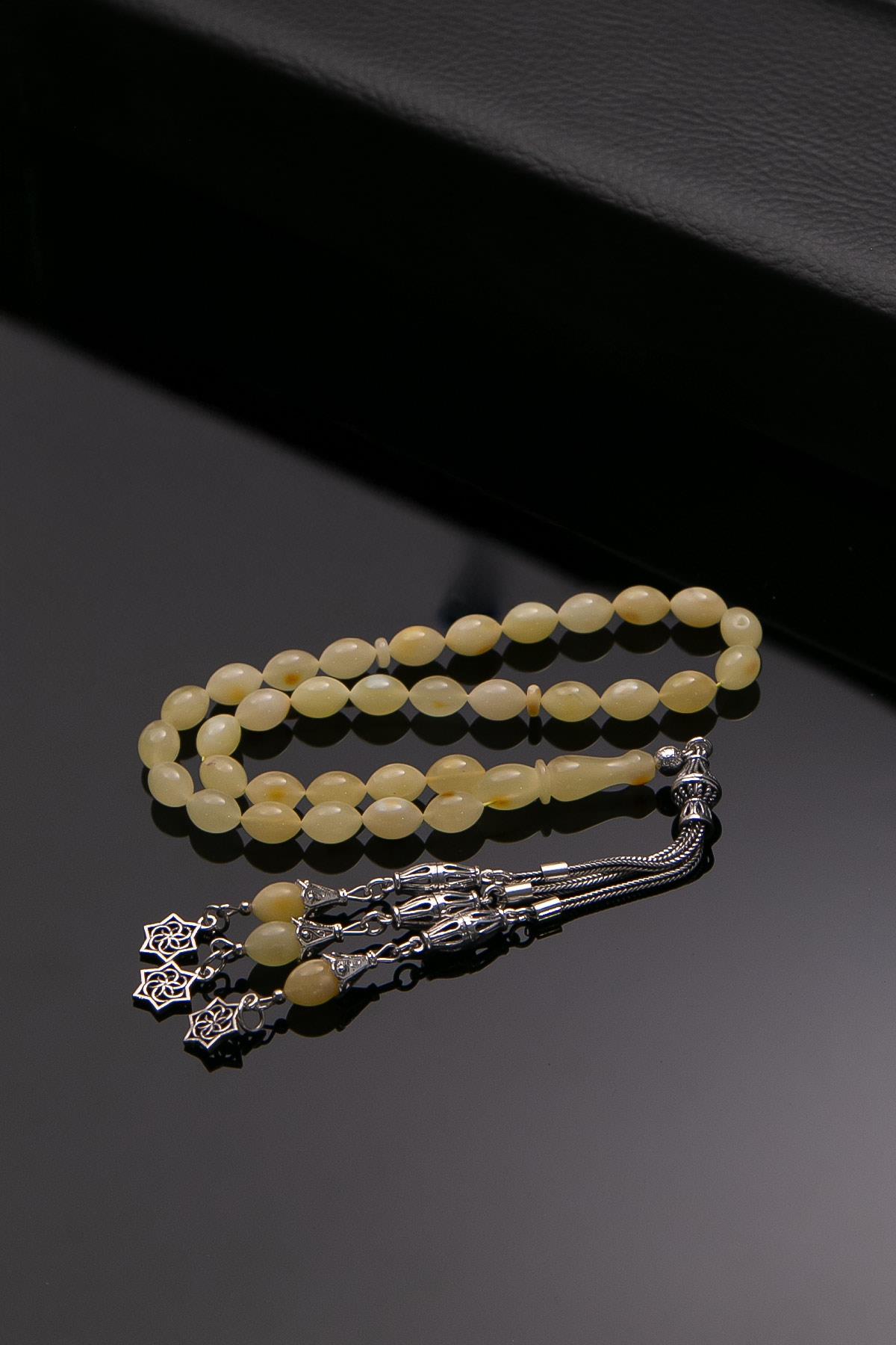 Gümüş Püsküllü Arpa Tane Damla Kehribar Tesbih