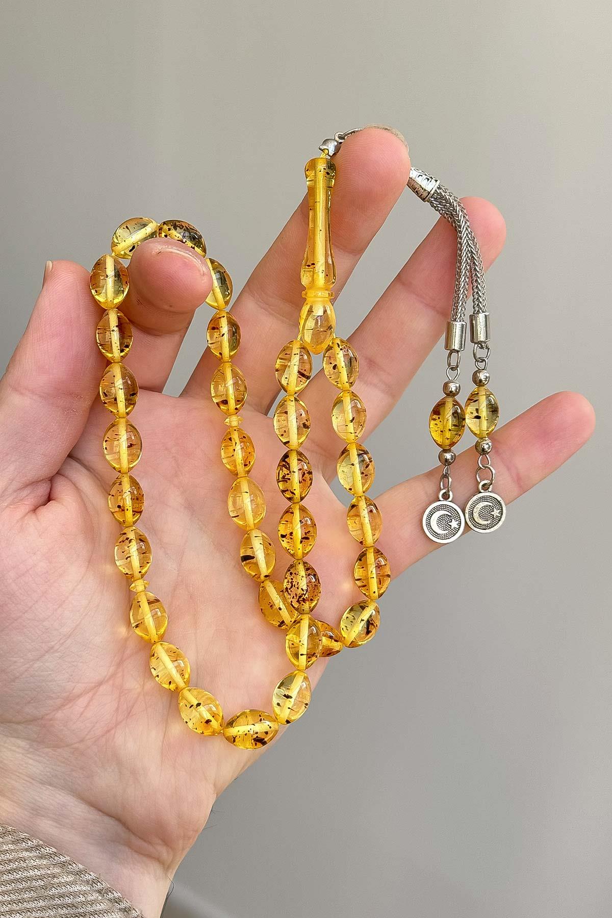 Güzel Çekimli Fosilli Toz Kehribar Tesbih