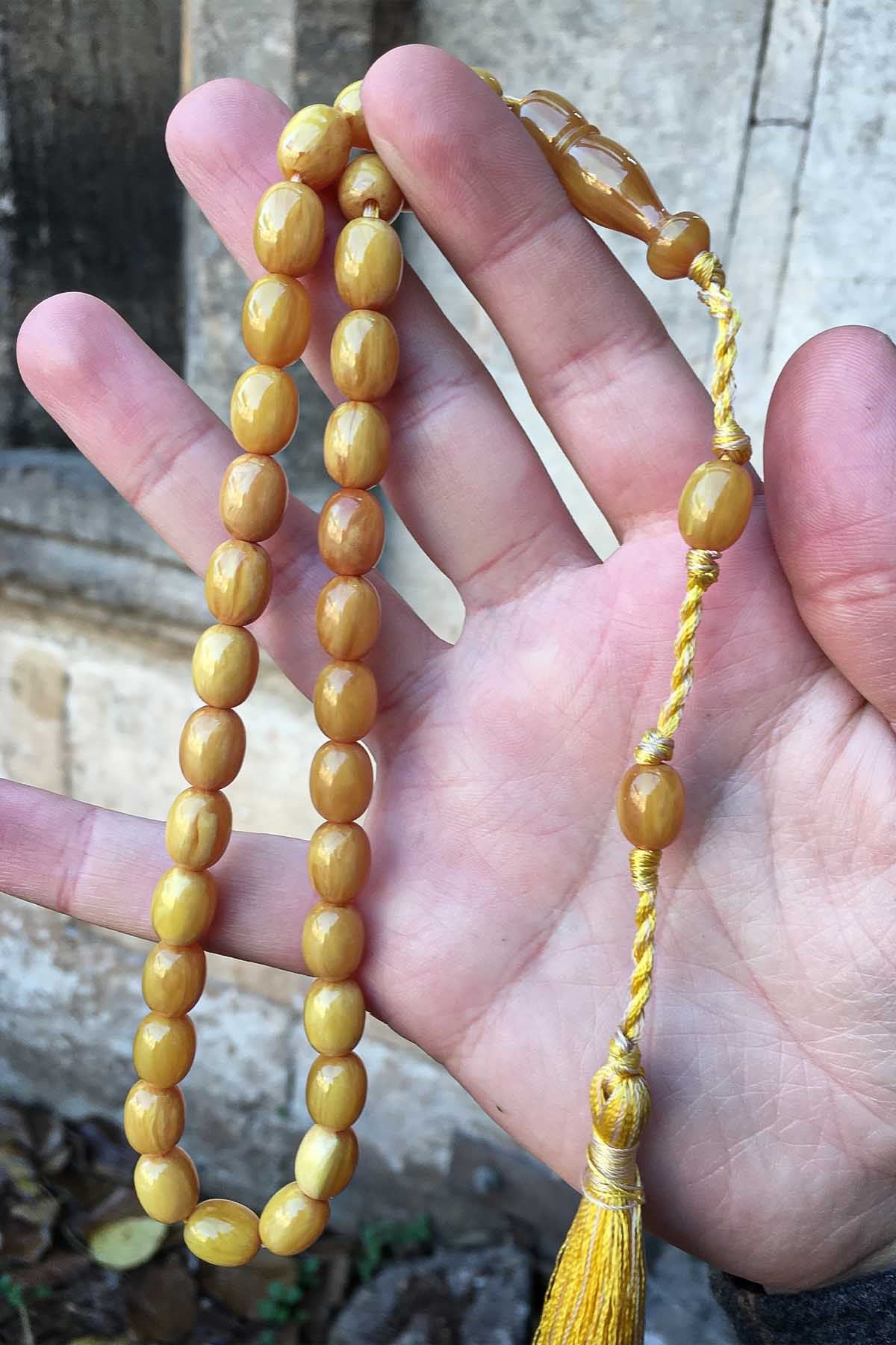 Güzel Çekimli Klasik Özel Püskülleme Kavun Renk Sıkma Kehribar Tesbih