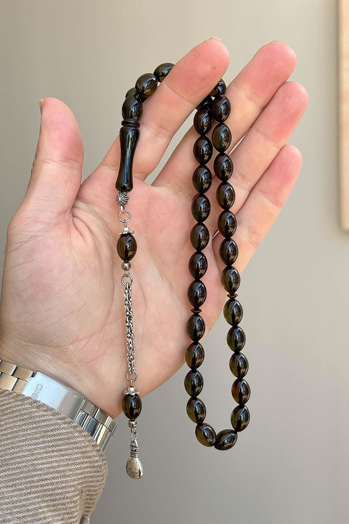 Güzel Çekimli Petrol Yeşili Toz Kehribar Tesbih