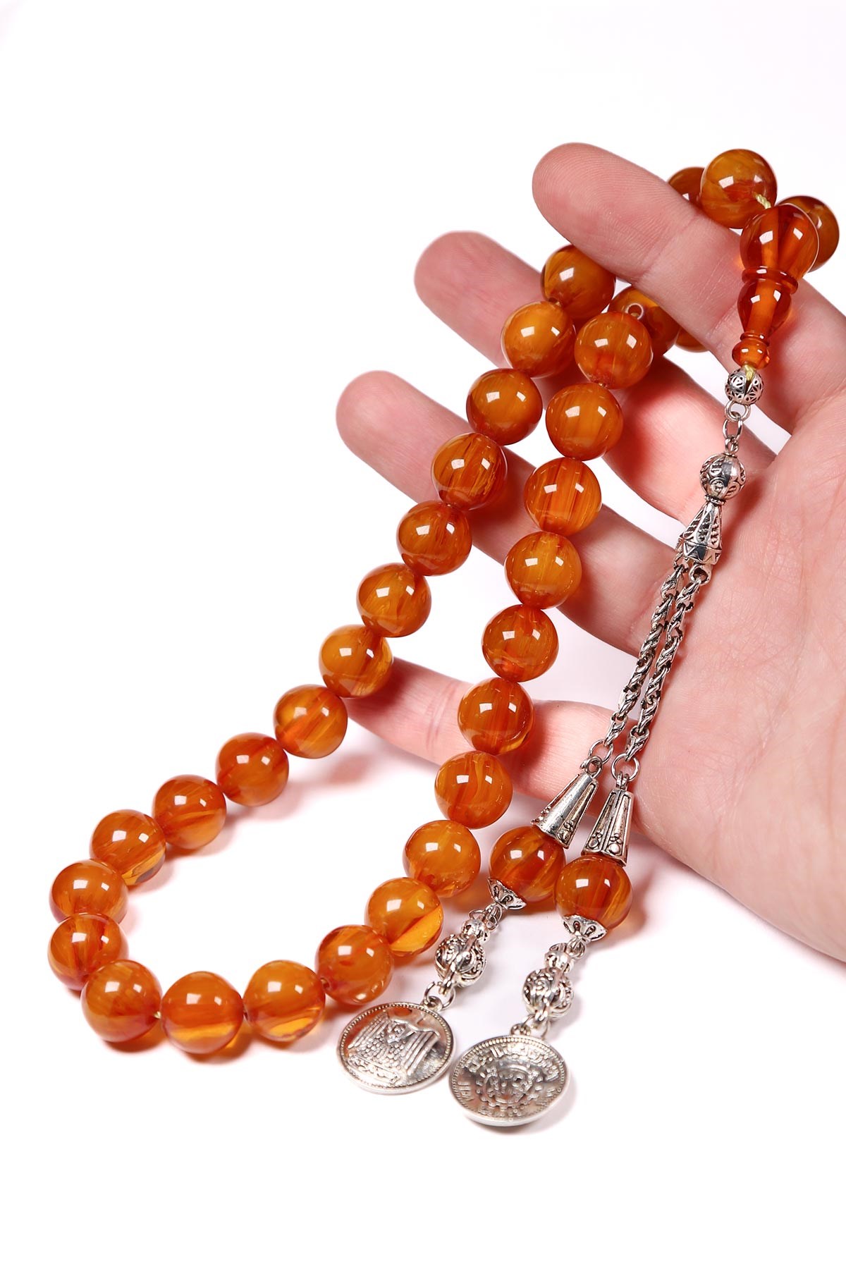 İri Boy Fırınlanmış Hareli Damarlı Sıkma Kehribar Tesbih