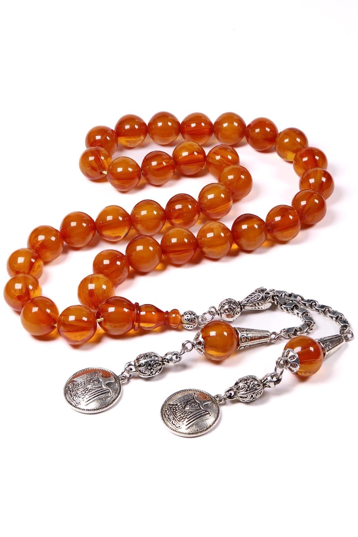 İri Boy Fırınlanmış Hareli Damarlı Sıkma Kehribar Tesbih