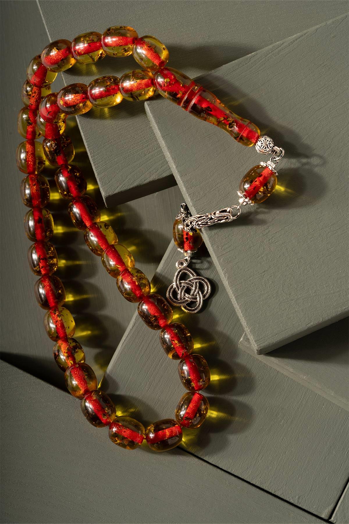 İri Boy Sarı Renk Çay Fosilli Toz Kehribar Tesbih