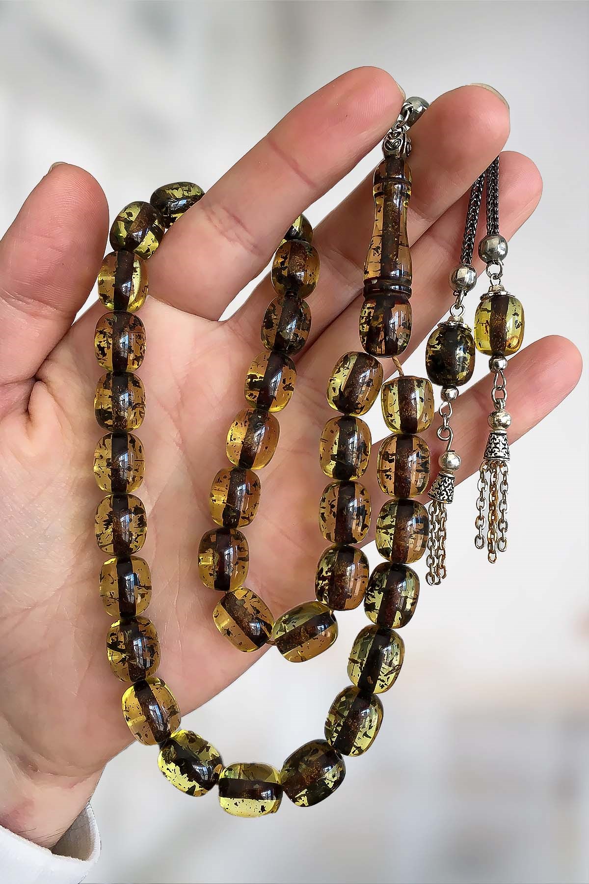 İri Taneli Çay Fosilli Gümüş Kaplama Püsküllü Tesbih