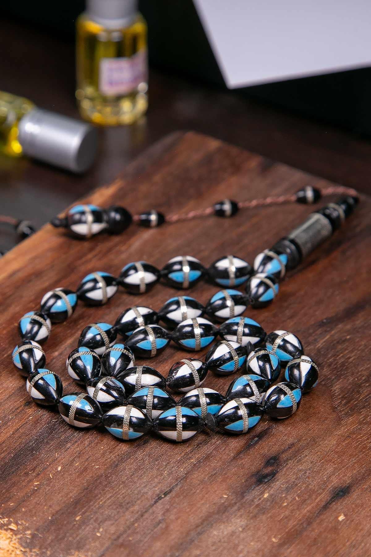 İri Taneli Mavi Taş Kombinli Kuka İşleme Tesbih