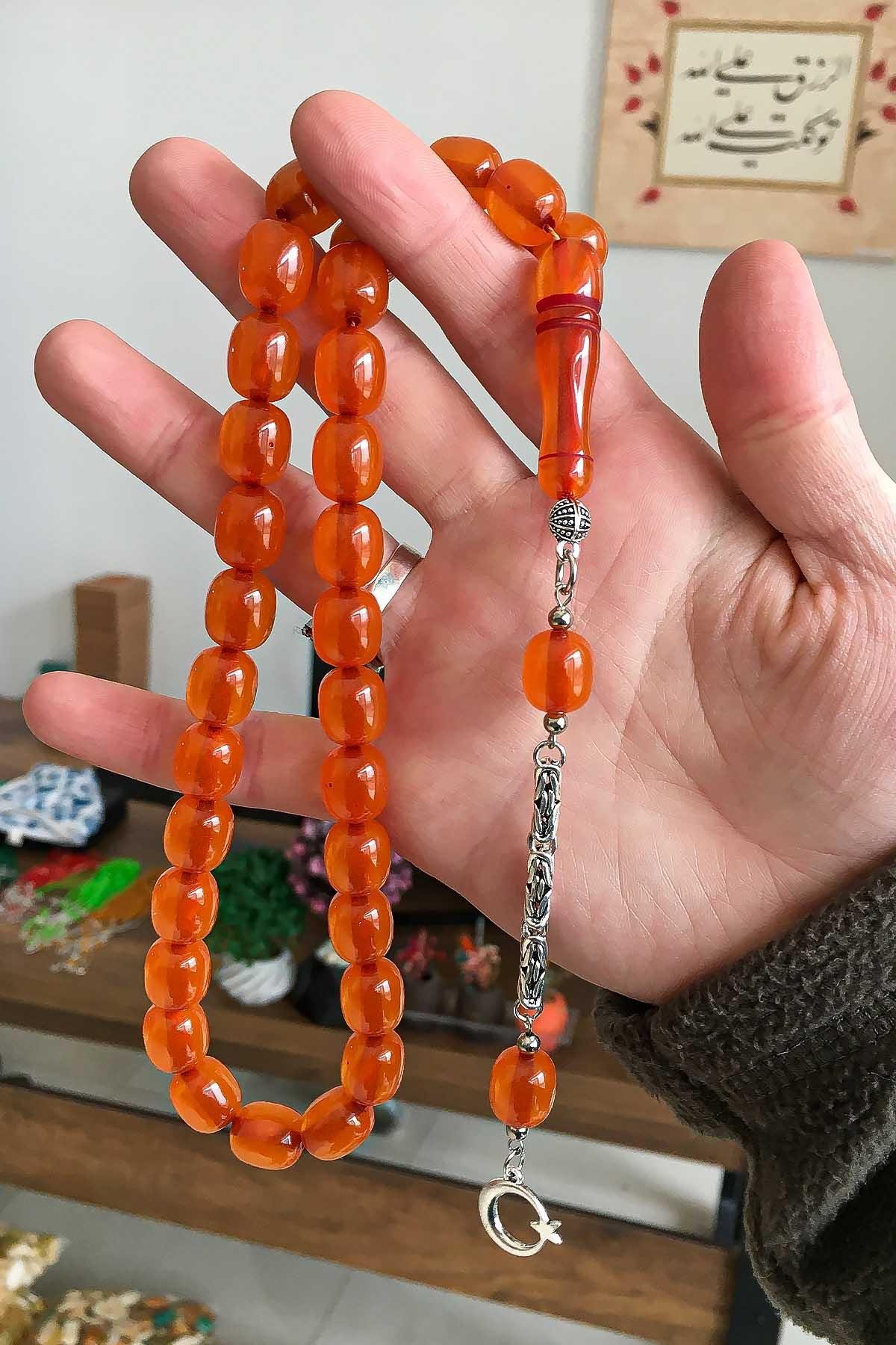 İri Taneli Portakal Rengi Toz Kehribar Tesbih