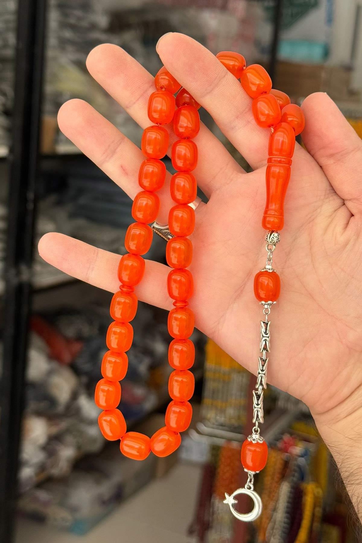 İri Taneli Portakal Rengi Toz Kehribar Tesbih