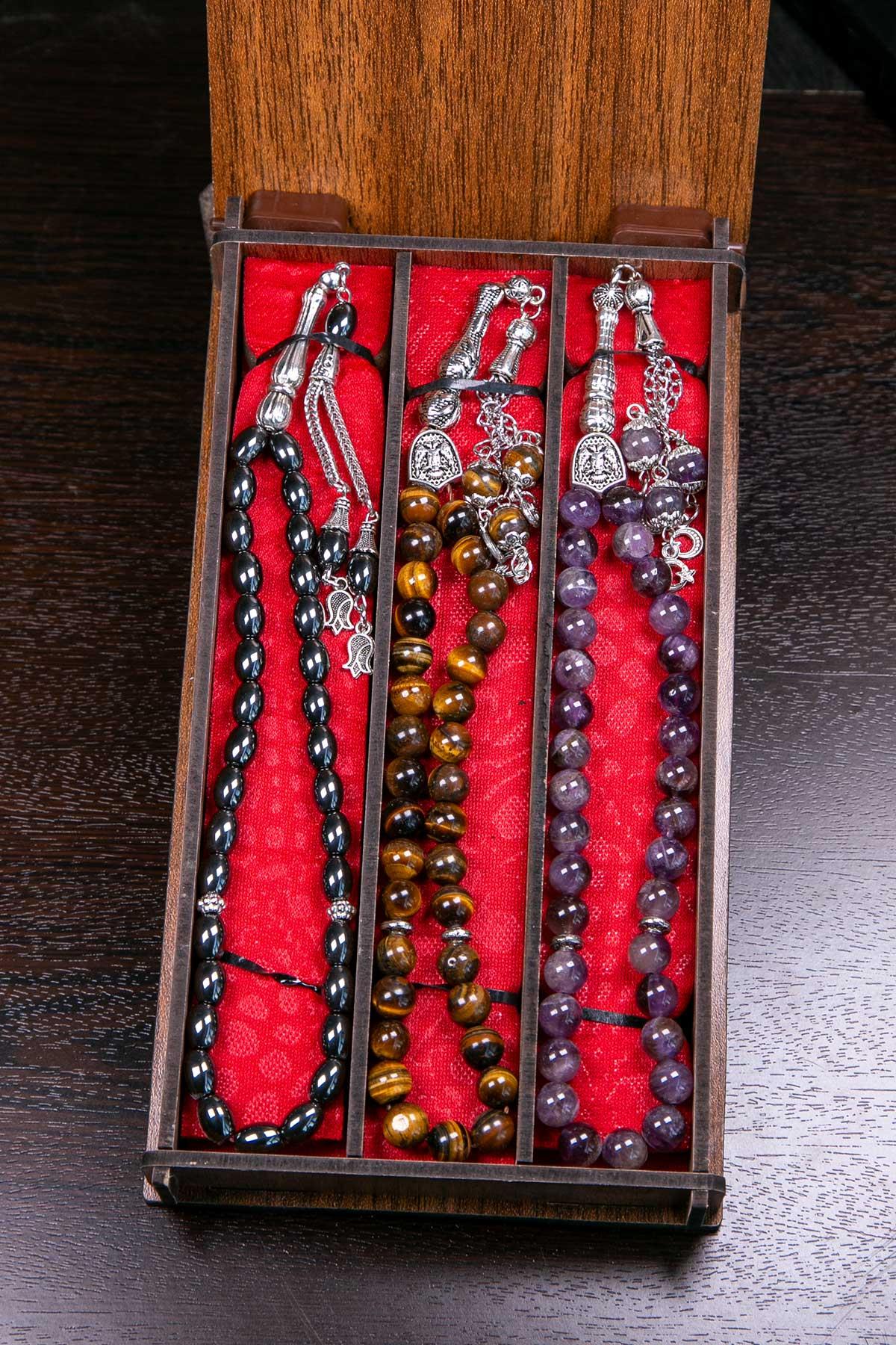 Kaplan Gözü Ametist Hematit 3lü Doğal Taş Tesbih Seti