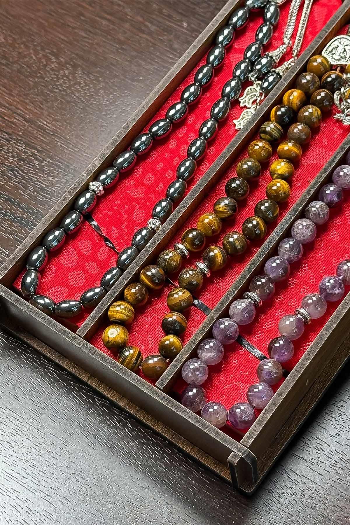 Kaplan Gözü Ametist Hematit 3lü Doğal Taş Tesbih Seti