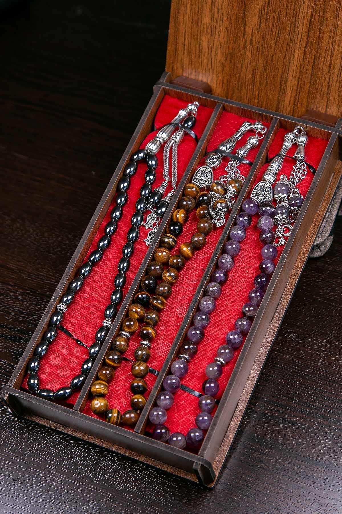 Kaplan Gözü Ametist Hematit 3lü Doğal Taş Tesbih Seti