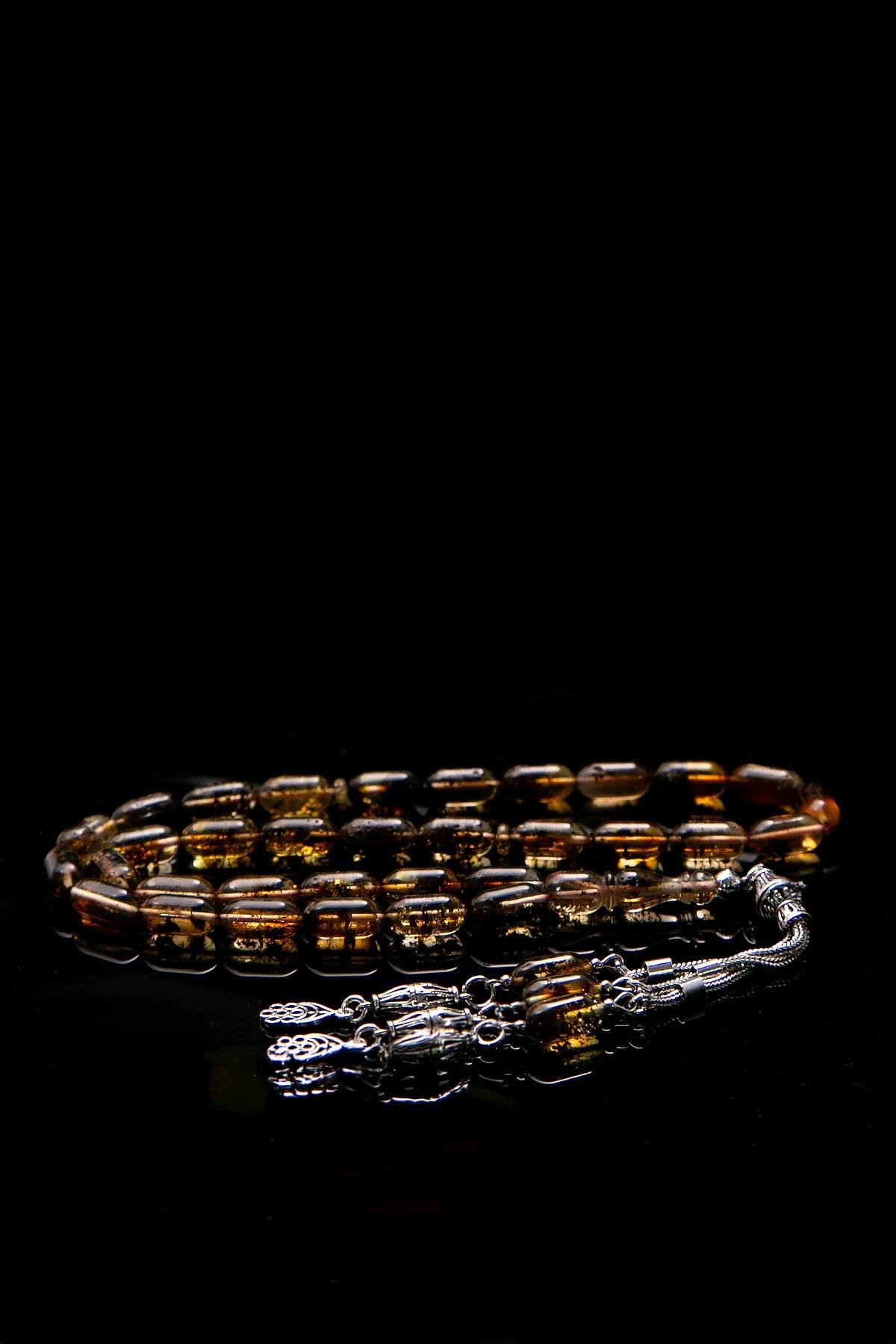 Kapsül Toprak Fosilli Gümüş Püsküllü Damla Kehribar Tesbih