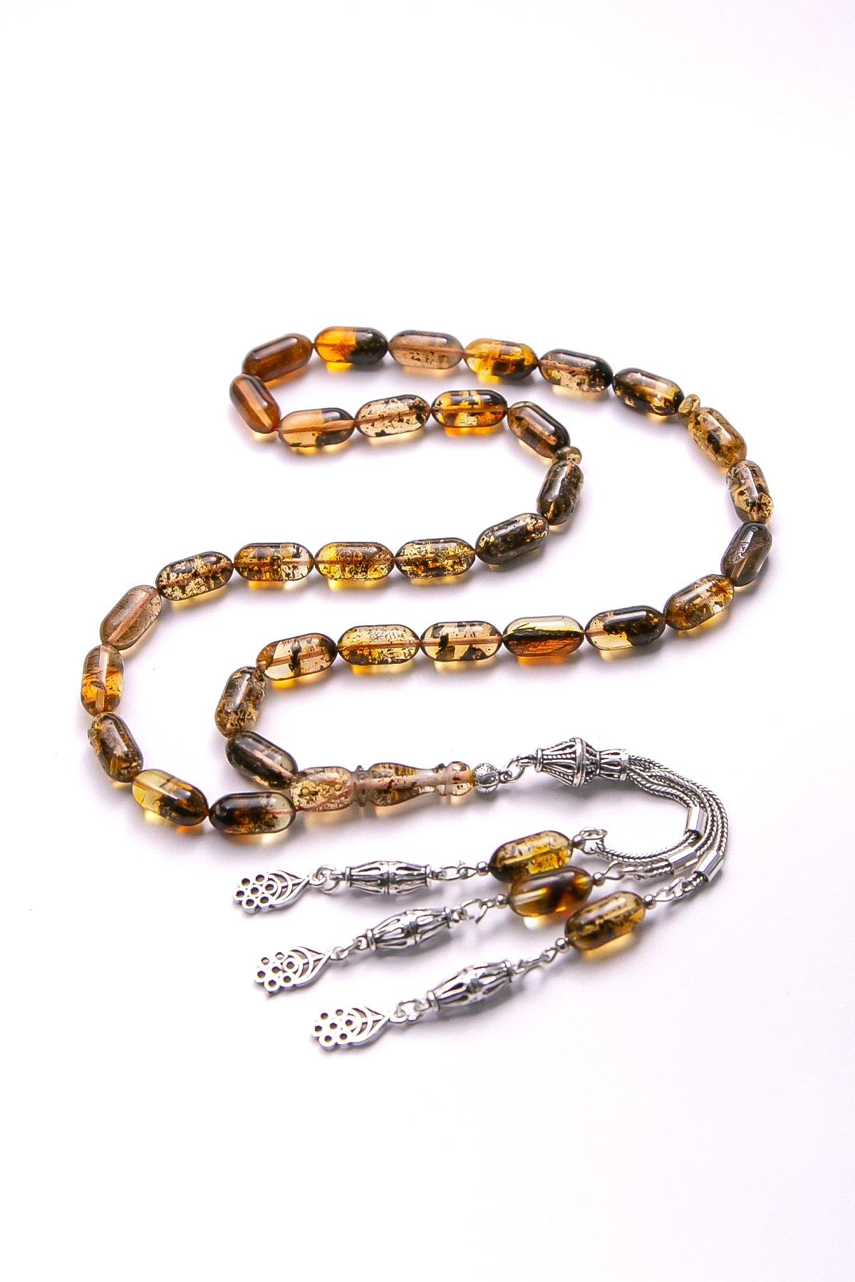 Kapsül Toprak Fosilli Gümüş Püsküllü Damla Kehribar Tesbih