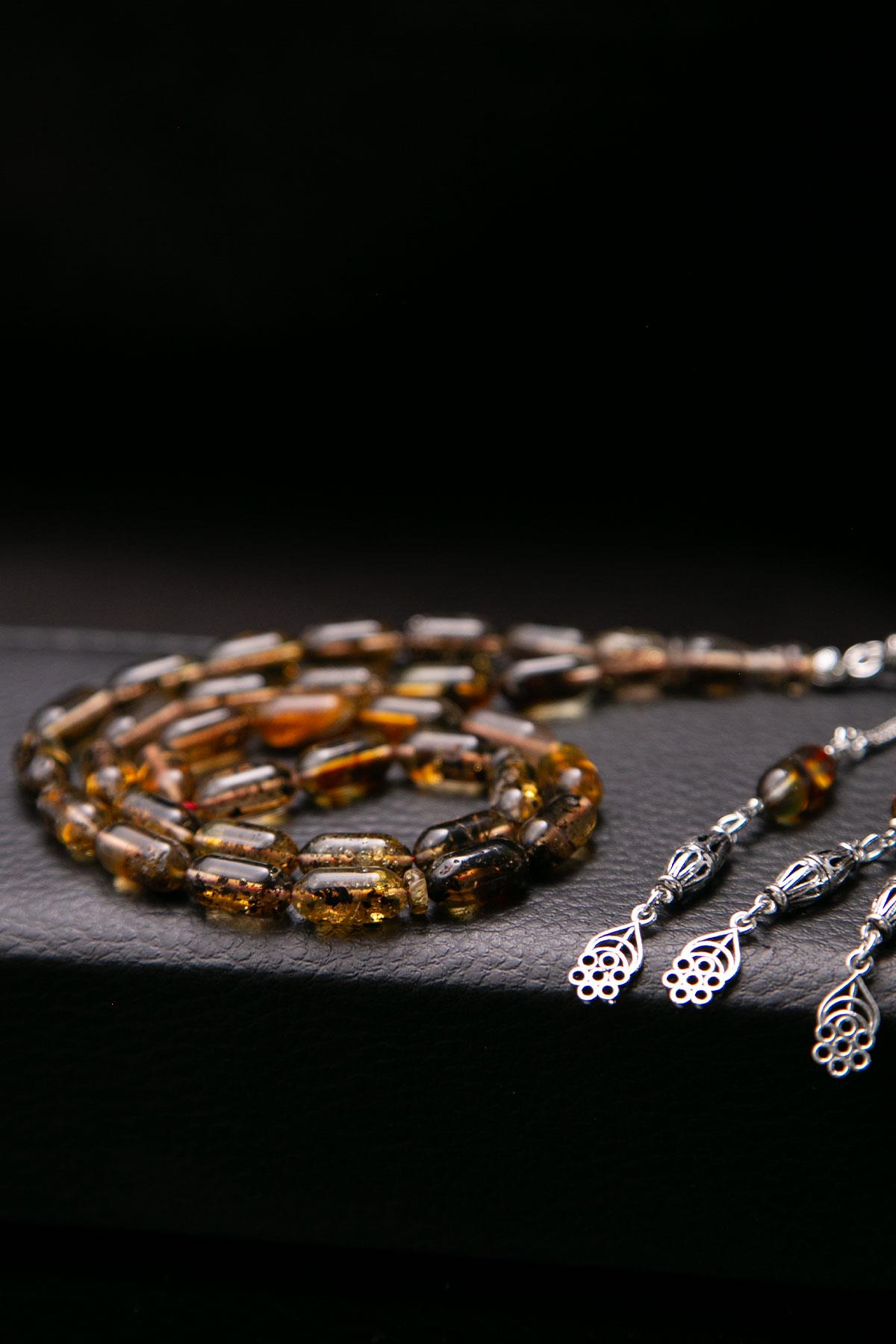 Kapsül Toprak Fosilli Gümüş Püsküllü Damla Kehribar Tesbih