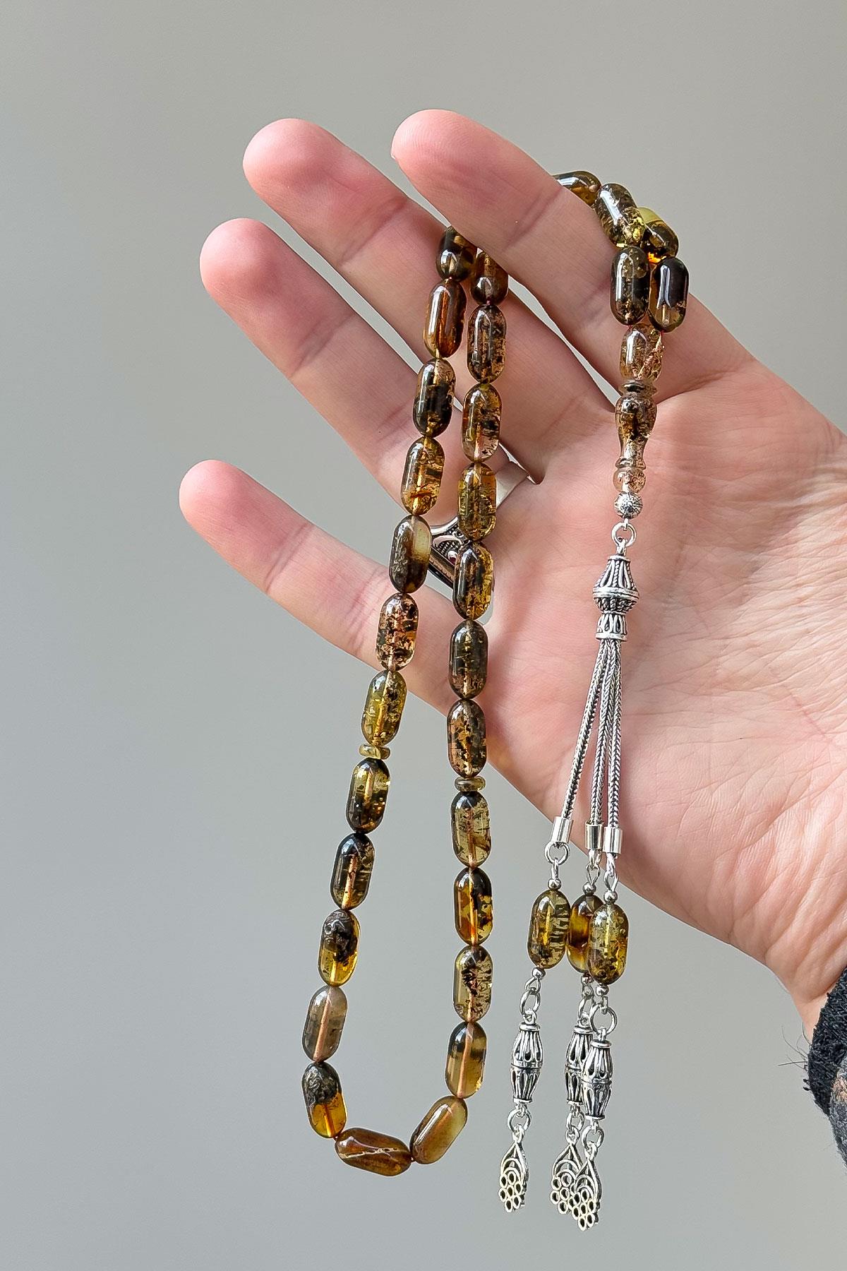 Kapsül Toprak Fosilli Gümüş Püsküllü Damla Kehribar Tesbih