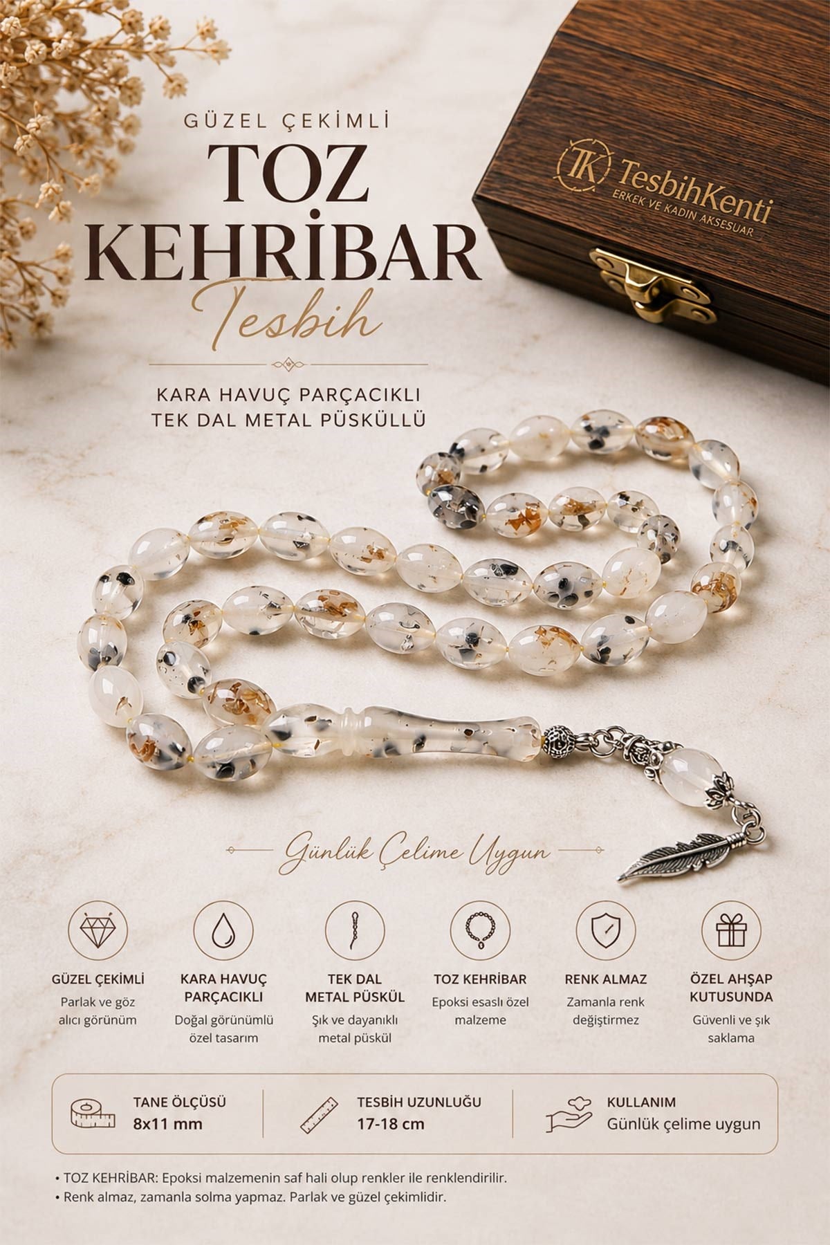 Kara Havuç Parçacıklı Toz Kehribar Tesbih