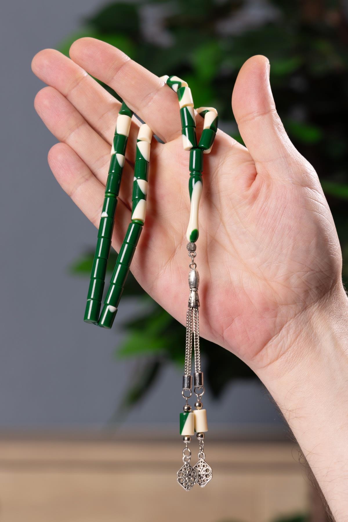 Kesme Tane Çift Koza Püsküllü Yeşil Bilardo Tesbih