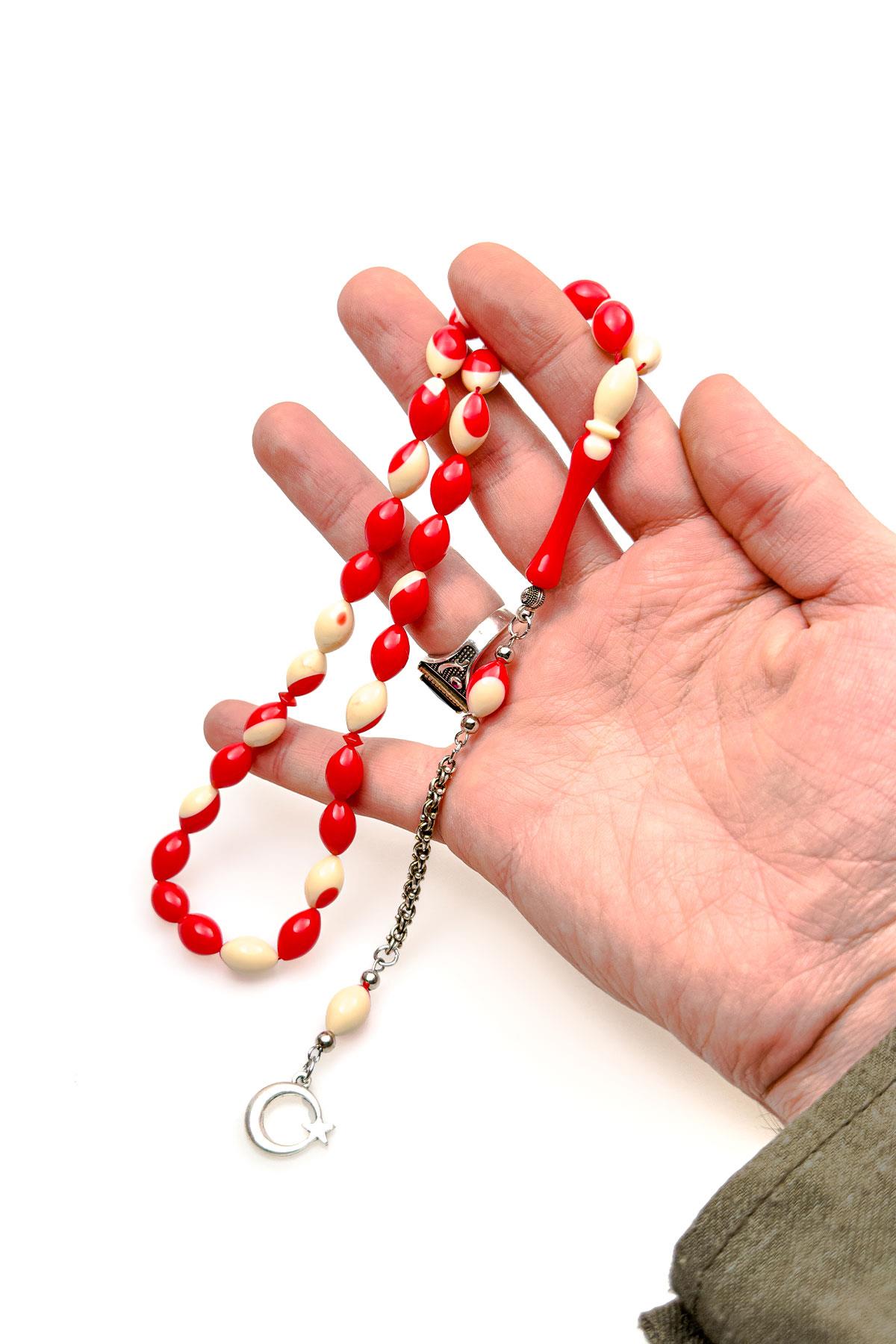 Kımızı Renk Bilardo Model Güzel Çekimli Toz Kehribar Tesbih