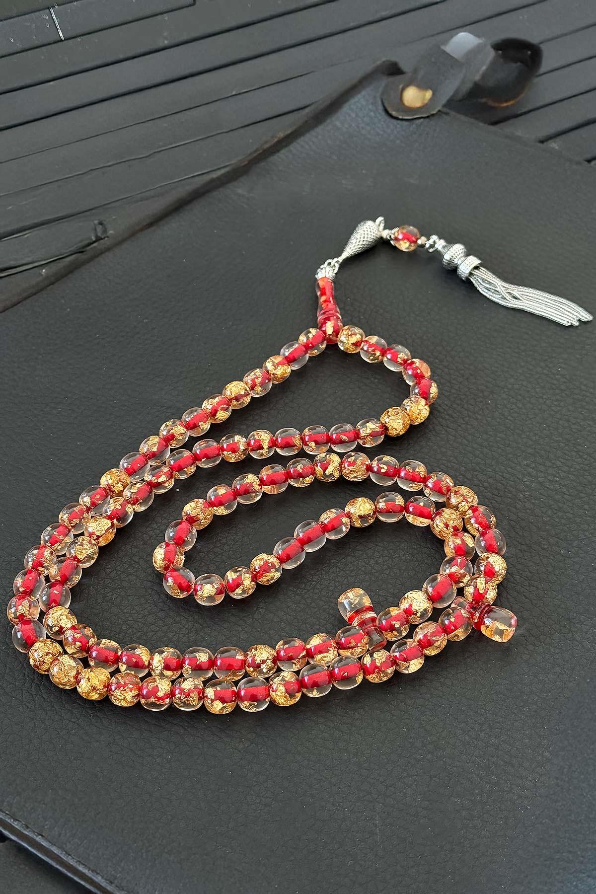 Kırmızı 99luk Altın Parçacıklı Toz Kehribar Tesbih