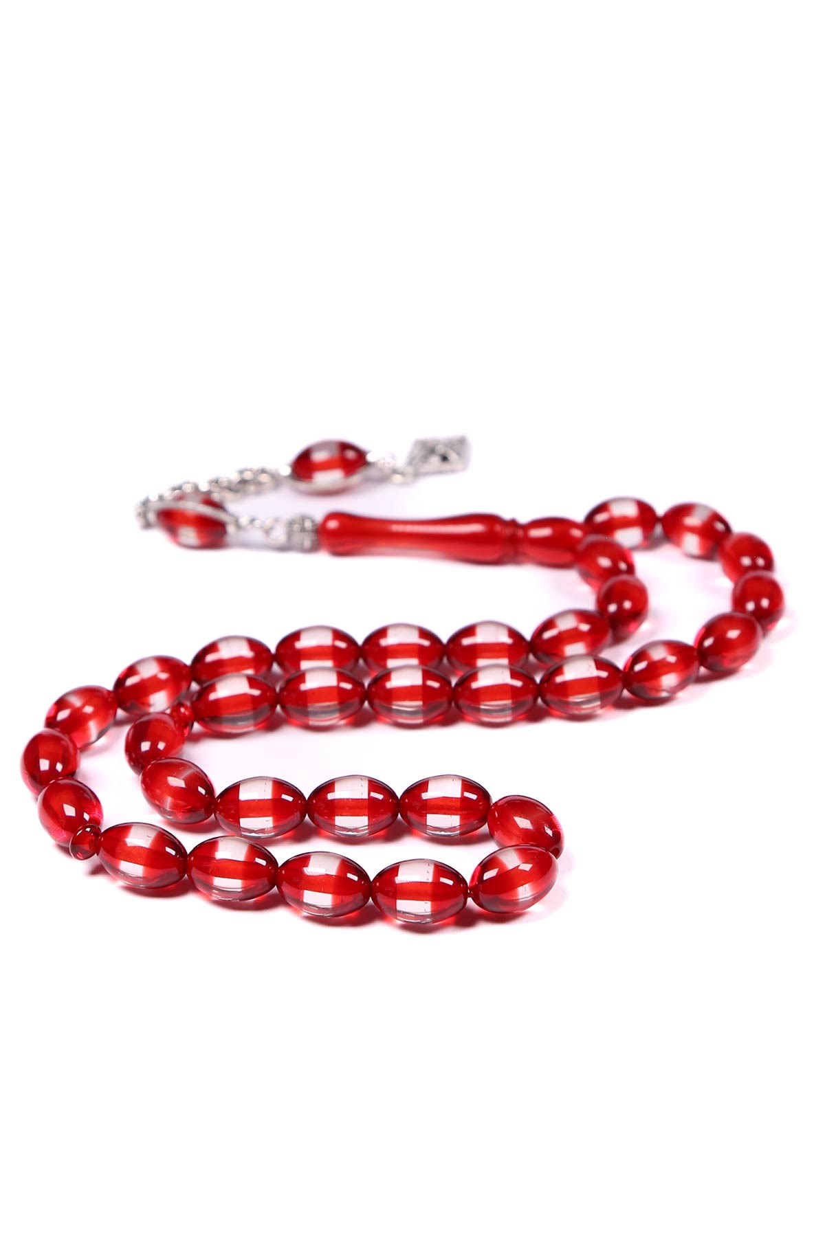 Kırmızı Sürmeli Toz Kehribar Tesbih 12x8 mm