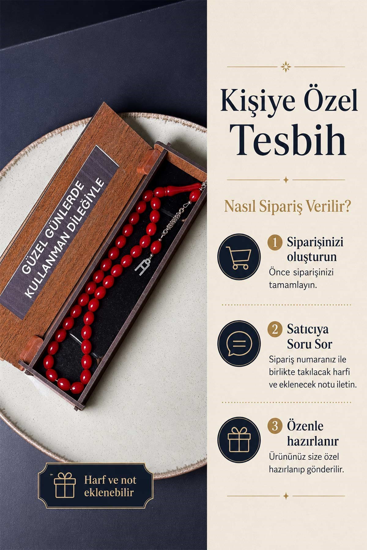 Kişiye Özel Bordo Tesbih Ahşap Kutulu Harf ve Not