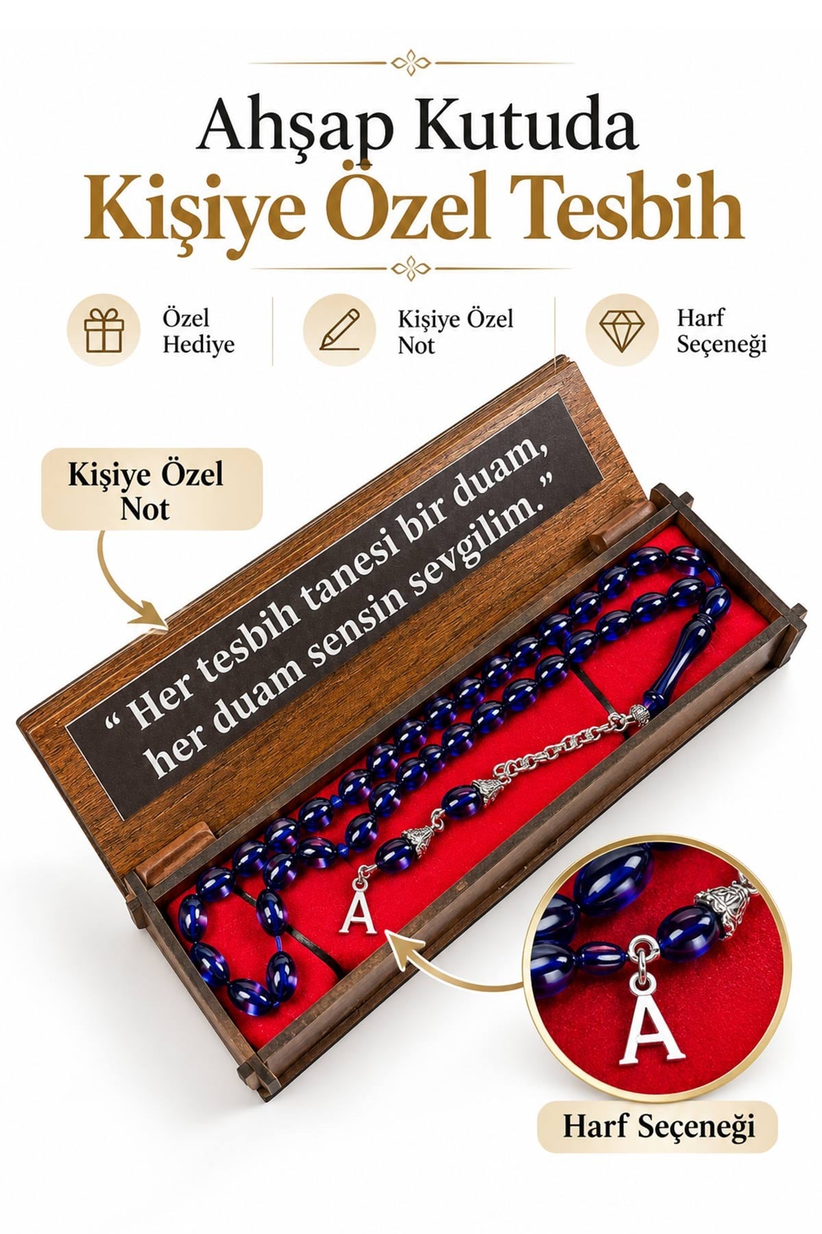 Kişiye Özel İsimli Ahşap Kutulu Sürmeli Toz Kehribar Tesbih