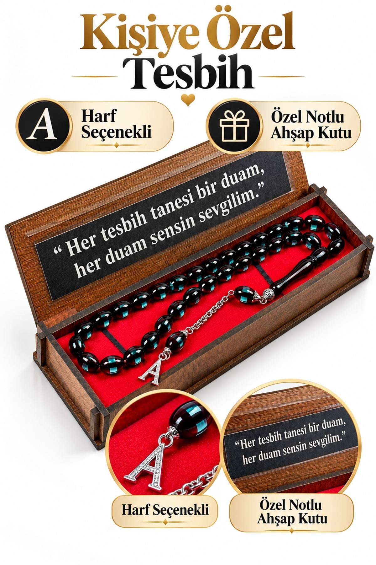 Kişiye Özel İsimli Ahşap Kutulu Sürmeli Toz Kehribar Tesbih