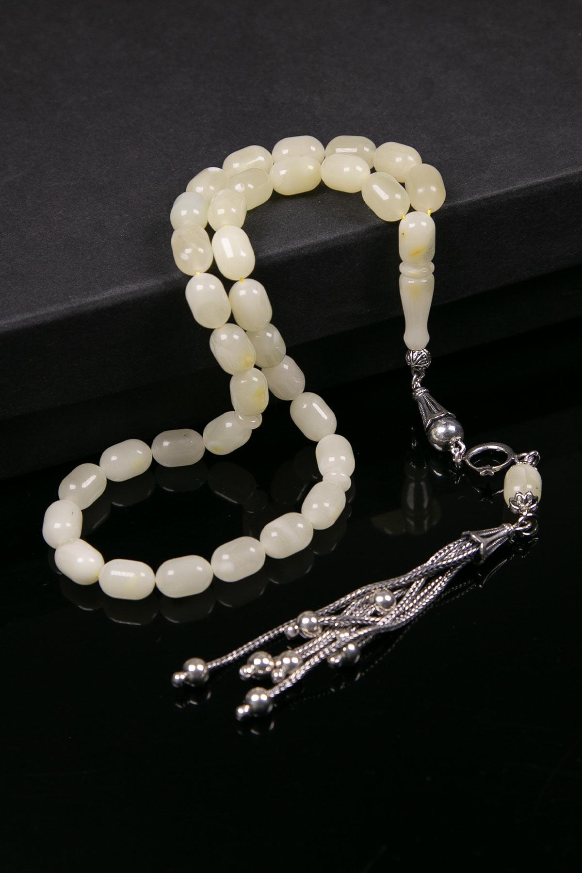 Limon Renk Kapsül Gümüş Püsküllü Damla Kehribar Tesbih