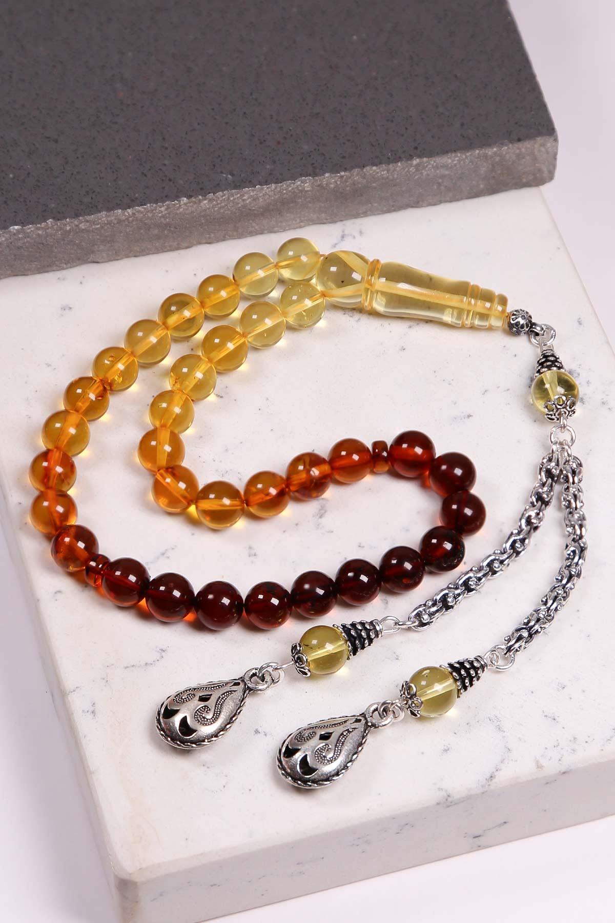 Litvanya Temiz İşçilik Gümüş Püsküllü Damla Kehribar Tesbih