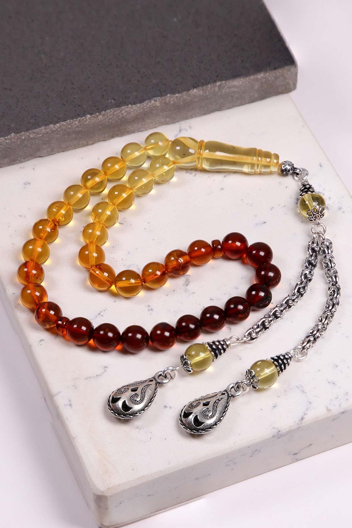 Litvanya Temiz İşçilik Gümüş Püsküllü Damla Kehribar Tesbih