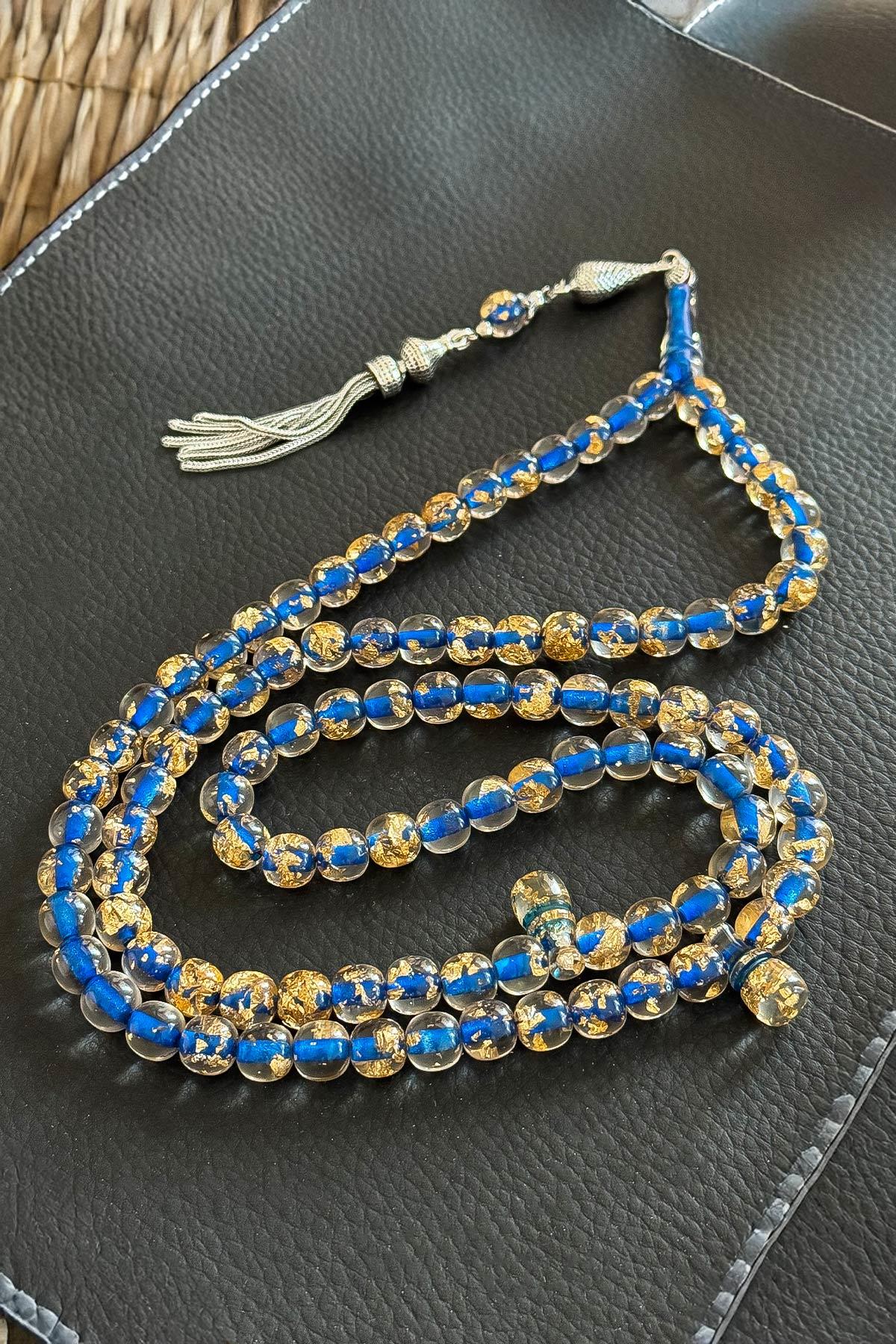 Mavi 99luk Altın Parçacıklı Toz Kehribar Tesbih