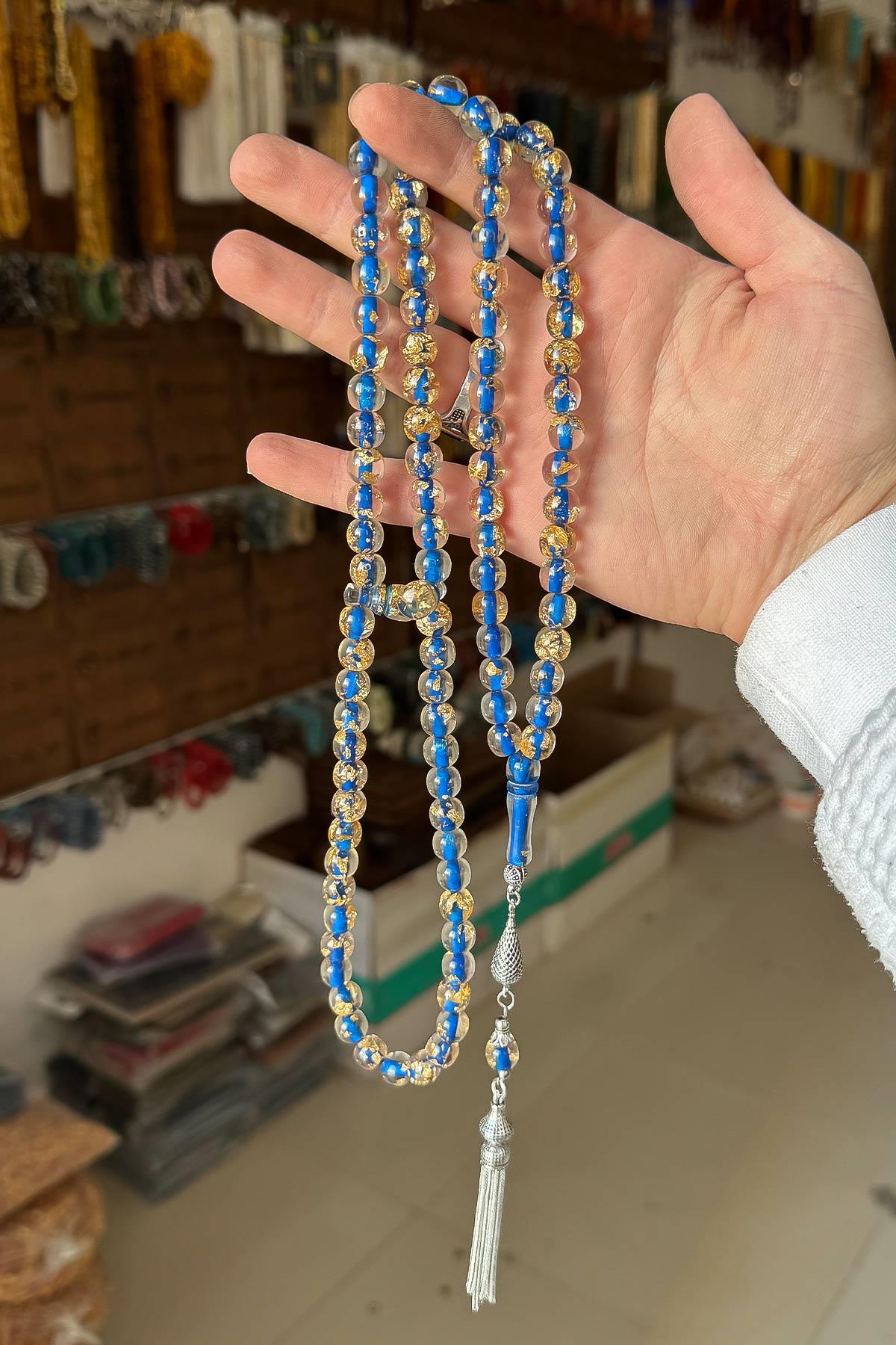 Mavi 99luk Altın Parçacıklı Toz Kehribar Tesbih