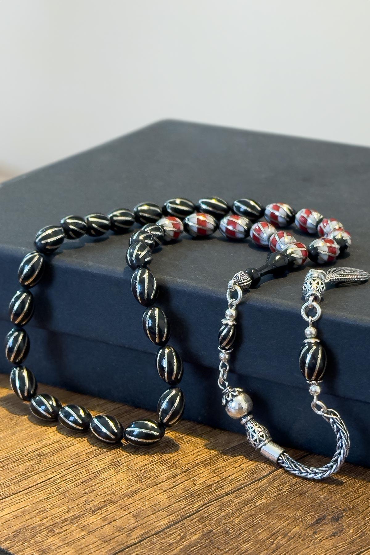 Mavi Detaylı Full Gümüş Çalışma Sıkma Kehribar Tesbih