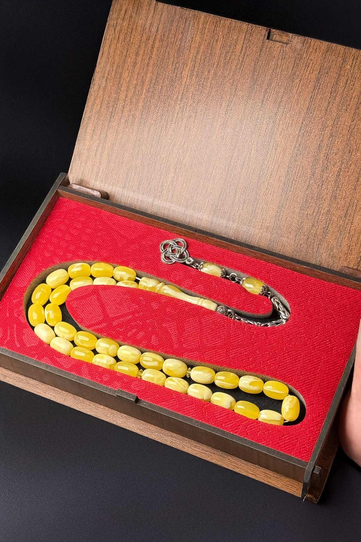 Özel Ahşap Kutulu Beyrut Toz Kehribar Tesbih