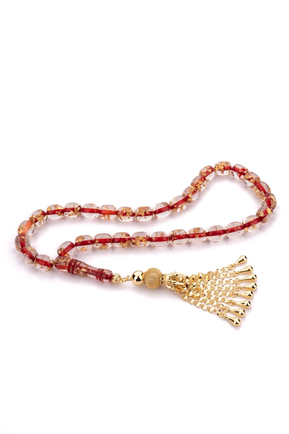 Özel Dizayn Püskül Kırmızı Altın Varaklı Toz Kehribar Tesbih