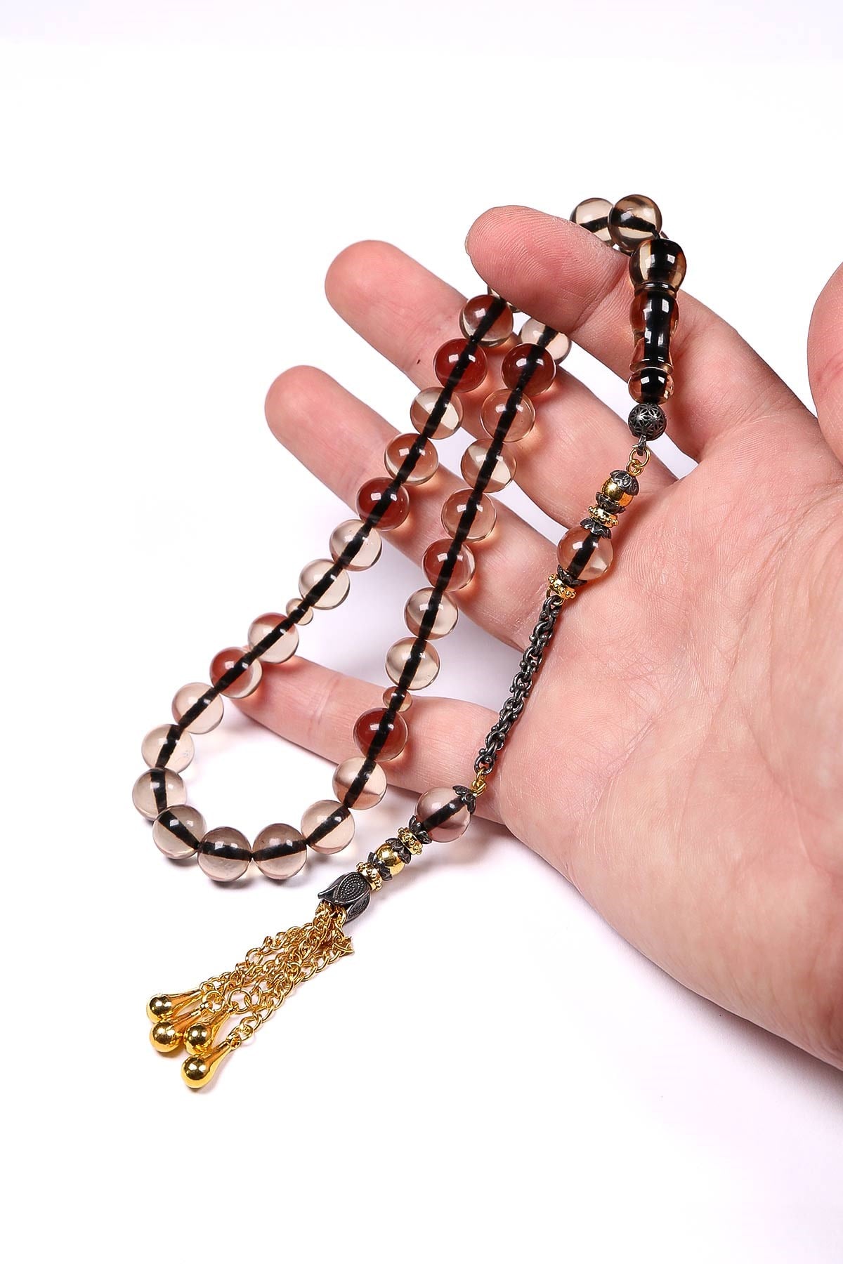 Özel Gold Püsküllü Küre Şeffaf Ateş Kehribar Tesbih